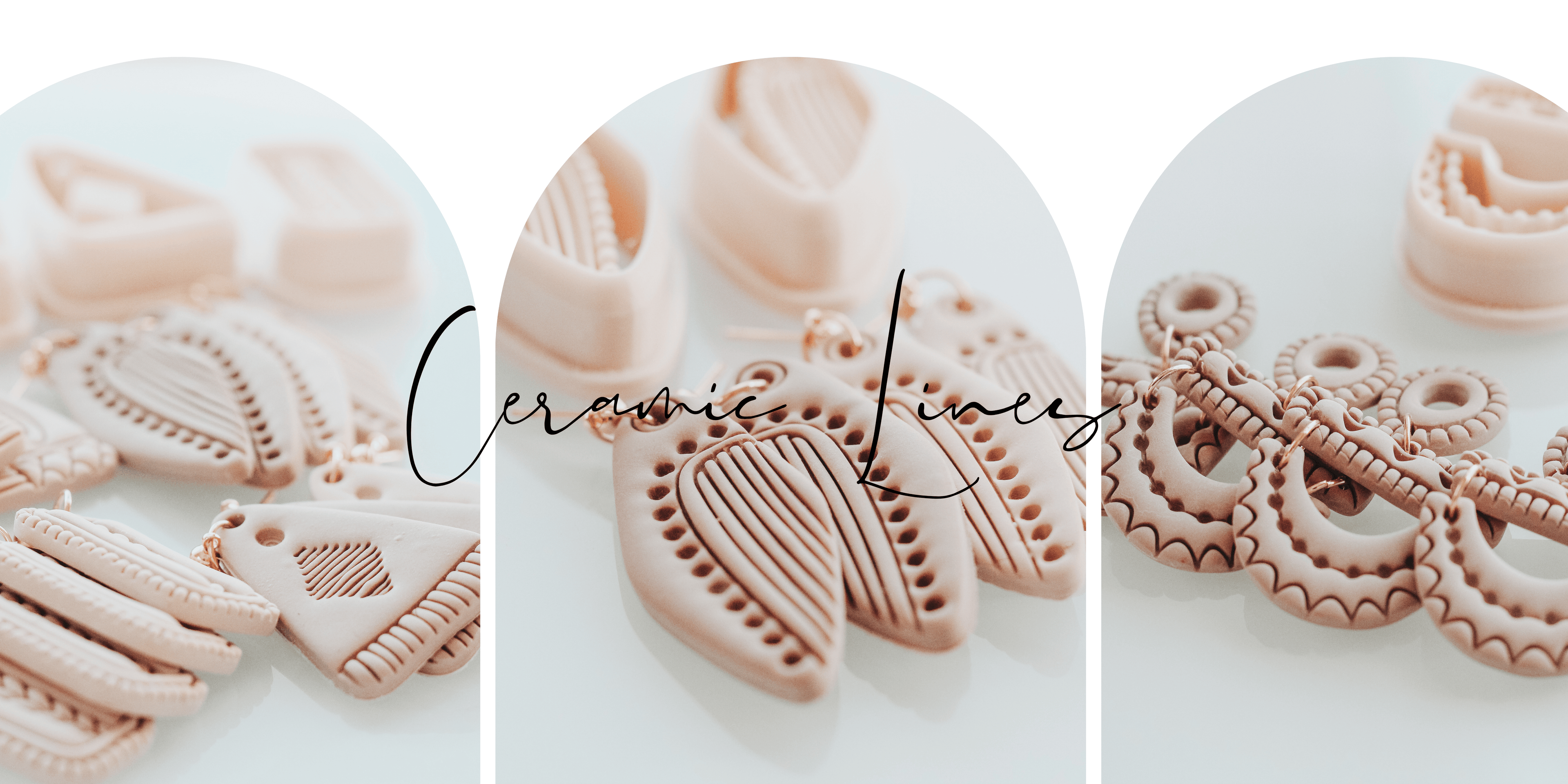 An arrangement of completed polymer clay earrings against a light background and blurred 3D printed clay cutters situated behind the earrings. The text on the image reads "Ceramic Lines".