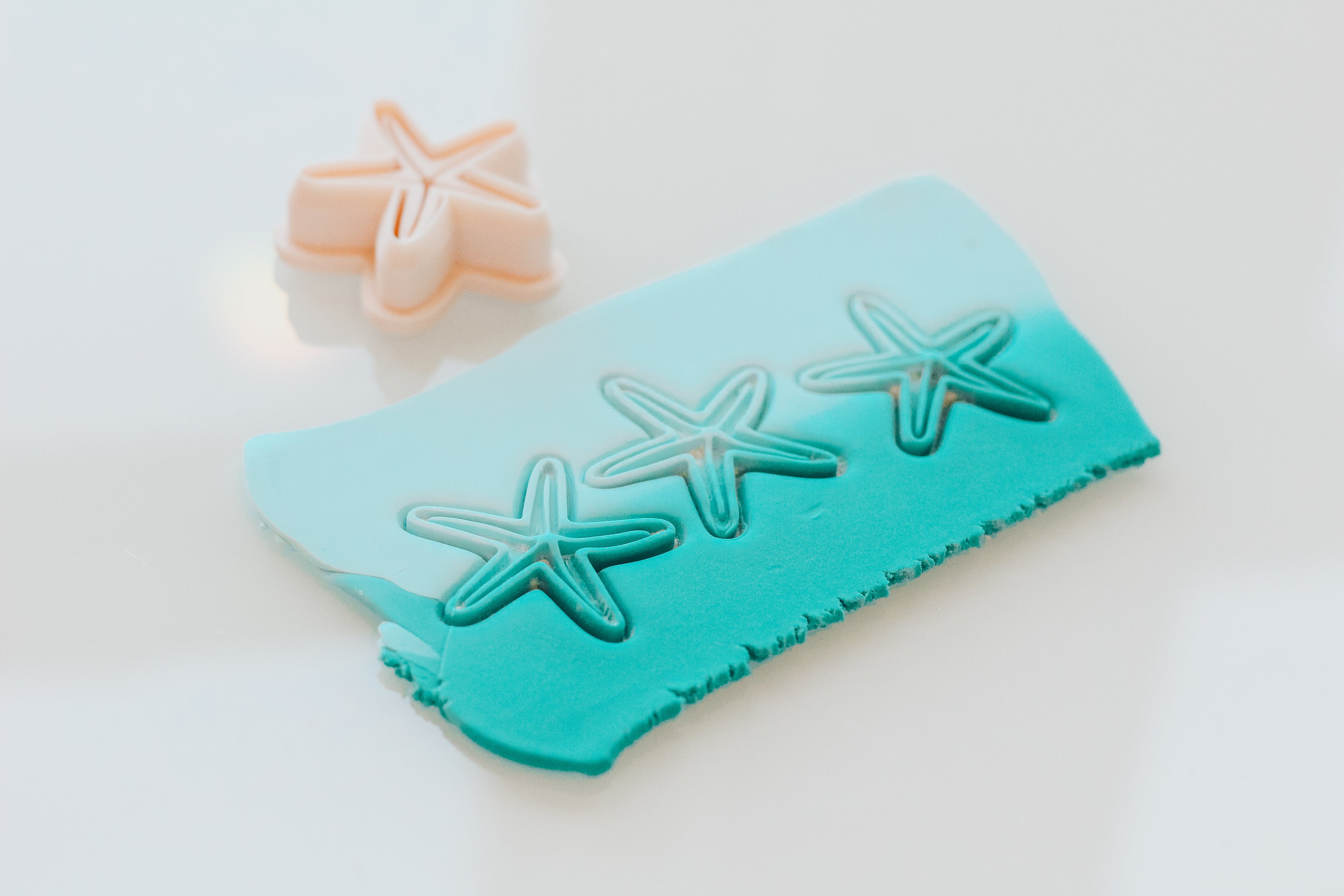 Teal starfish clay cutter on a white background