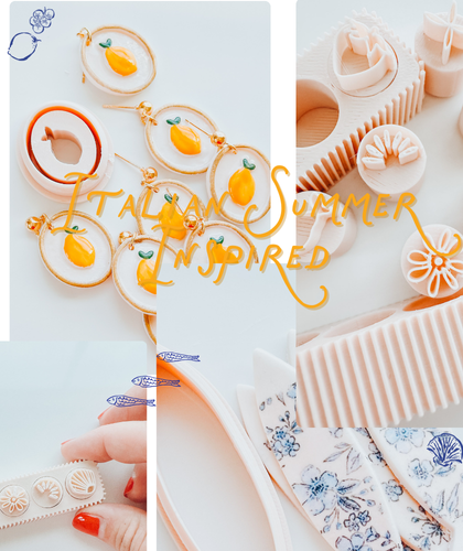 An arrangement of completed polymer clay earrings of varying Italian seaside-inspired designs, featuring rich colors and patterns, as well as a collection of 3D printed clay cutters against a light background.