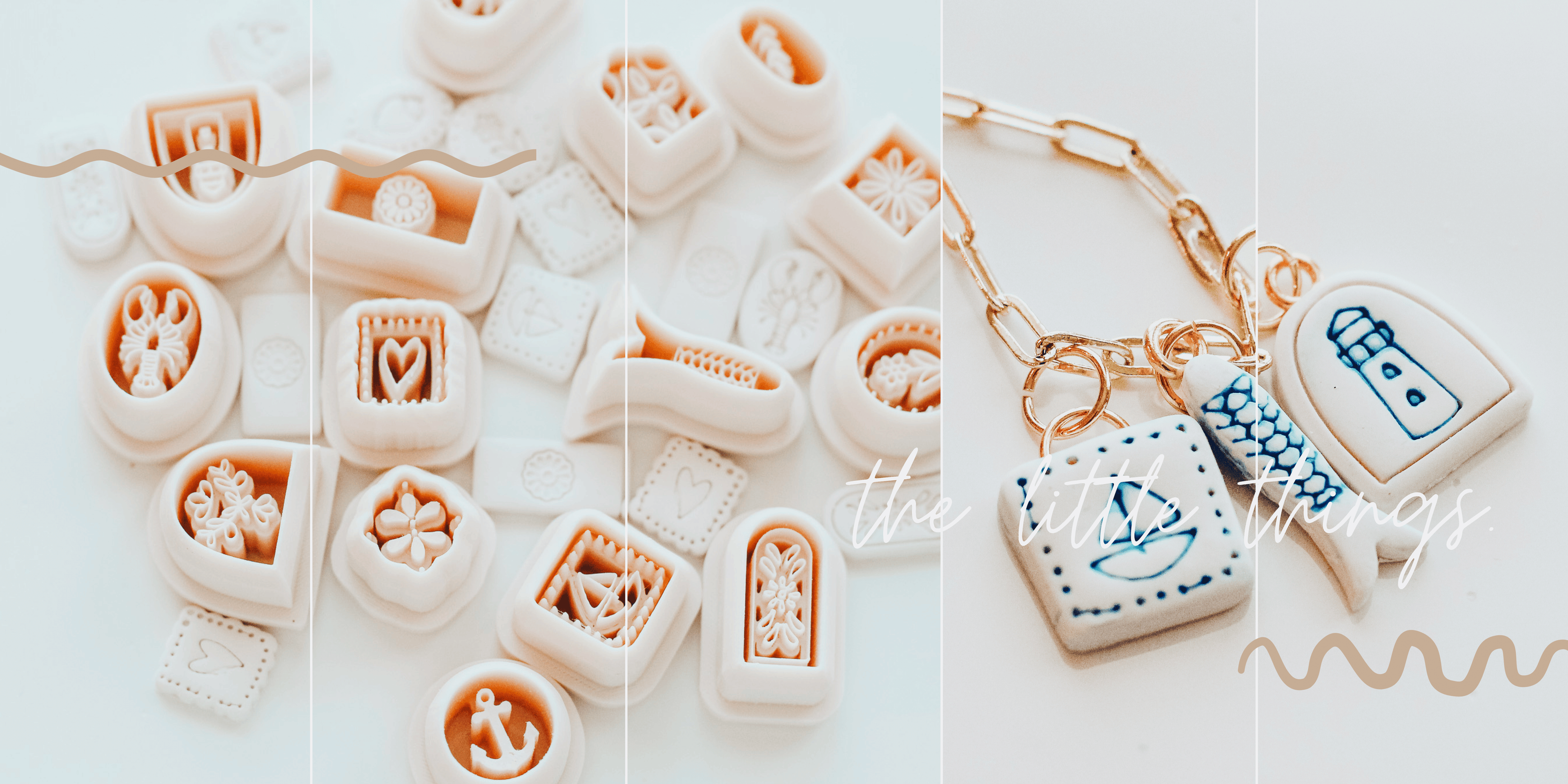 An arrangement of 3D printed clay cutters, their cutout shapes, as well as examples of the finished product attached to a gold chain. The text on the image reads "The little things".