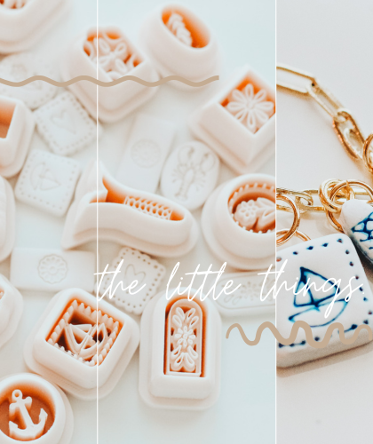 An arrangement of 3D printed clay cutters, their cutout shapes, as well as examples of the finished product attached to a gold chain. The text on the image reads "The little things".