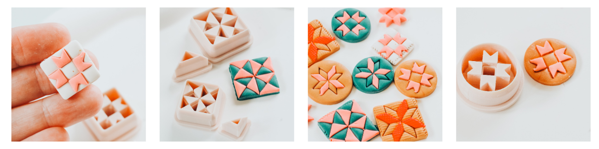 An arrangement of completed polymer clay earrings of varying quilting-inspired designs, as well as a collection of 3D printed clay cutters against a light background.