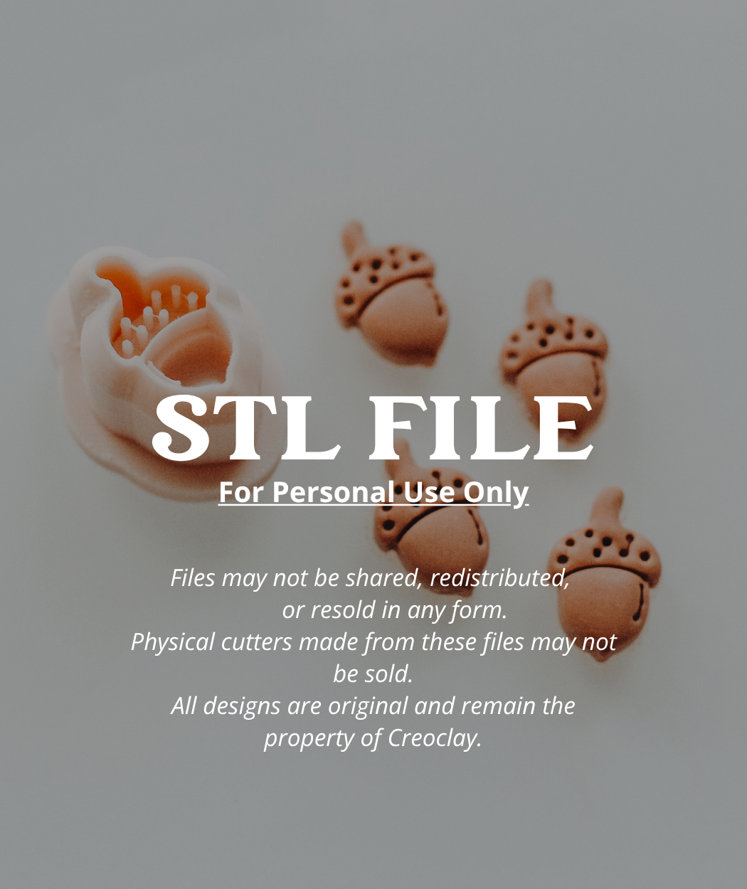 Digital preview of a 3D printing STL file showing several acorn-shaped and flower-shaped miniature cutters in a soft peach and brown color, overlaid with text stating &