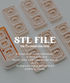 Digital preview of a Creoclay STL file for 3D printing, showing several light pink rectangular stamp-like blocks with floral engravings on a light gray background, overlaid with text stating &