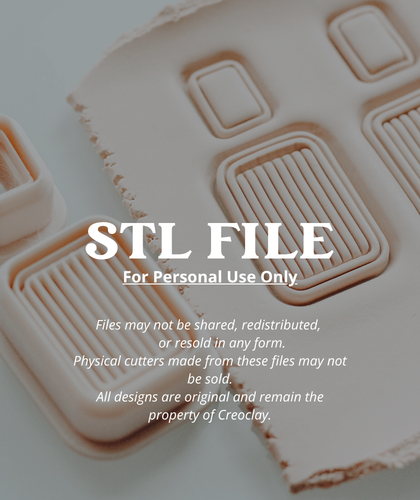 A close-up of a beige plastic 3D-printed cutter with rectangular and square slot designs, overlaid with text reading &