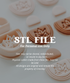 Digital preview of a 3D printable STL file for clay or soap cutters, showing several 3D models of the designs in light beige and terracotta colors. The image features a dark overlay with white text stating &