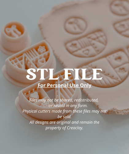 Digital preview of a 3D printable cookie cutter STL file, showing several light peach-colored plastic cutter designs and a matching cutout dough sheet on a neutral gray background, with prominent white text overlay reading &