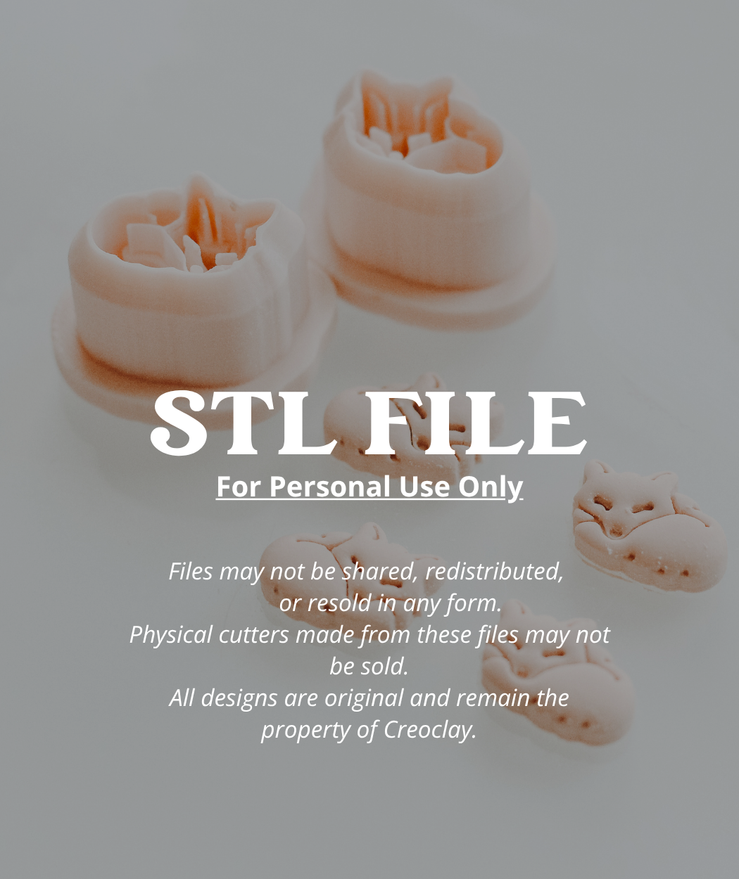 Digital preview of a 3D printing STL file cutter design showing pale pink plastic cutters with cat and bear shapes, overlaid with text stating &