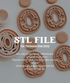 A promotional graphic for a digital STL file cutting mold set. The image shows several round, ornate brown clay cutters and matching brown clay discs arranged on a light gray background, with a dark translucent overlay containing the text &