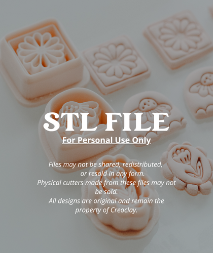 Digital preview of a 3D-printable STL file for crafting, showing several pale pink 3D floral and character-shaped clay cutters arranged on a white surface with a semi-transparent overlay containing the text &