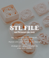 Digital preview of a 3D-printable STL file for crafting, showing several pale pink 3D floral and character-shaped clay cutters arranged on a white surface with a semi-transparent overlay containing the text &