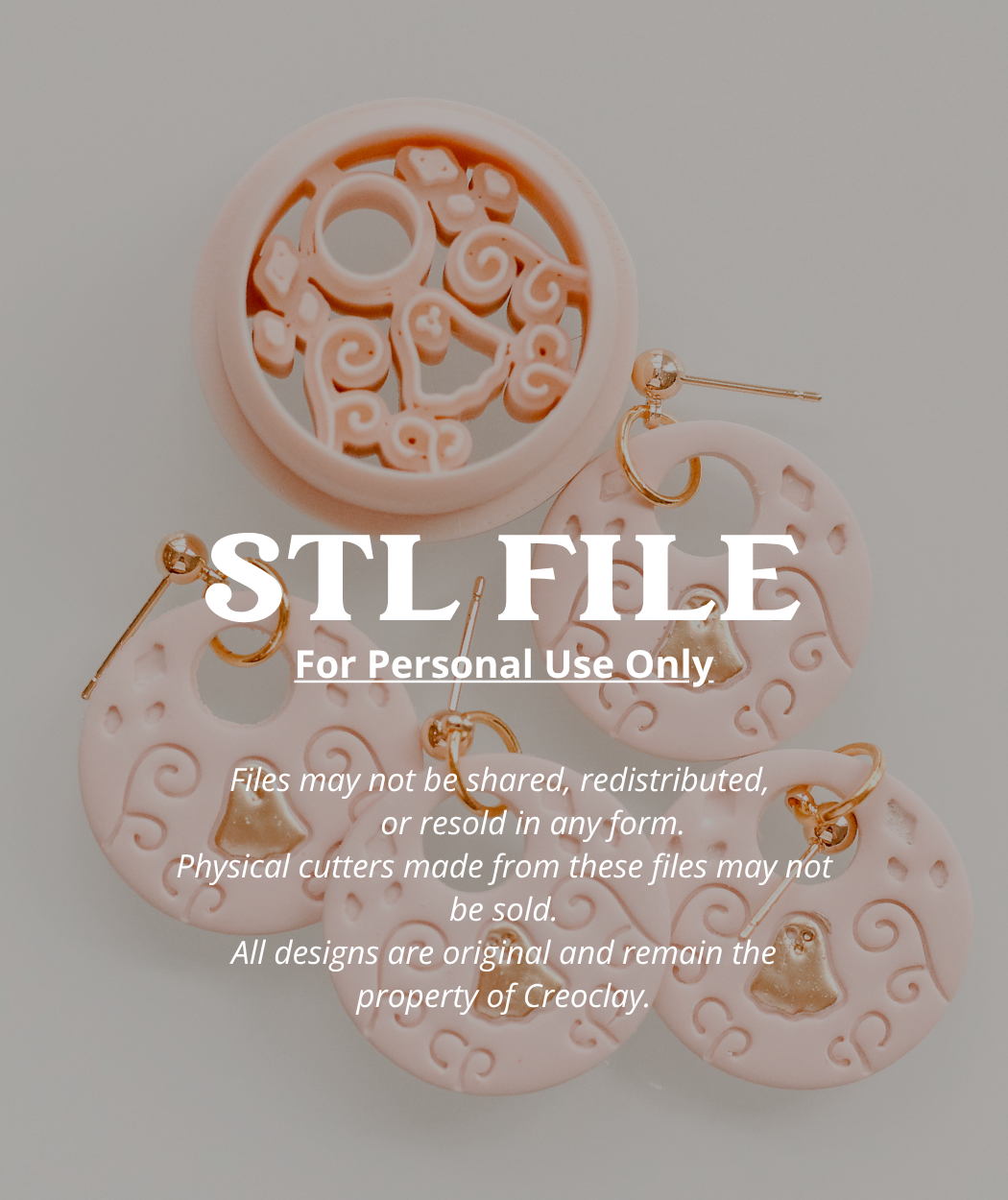 Digital preview of a 3D printing STL file for a decorative circular earring cutter, shown in light pink with gold-colored posts. The image includes text overlays stating &