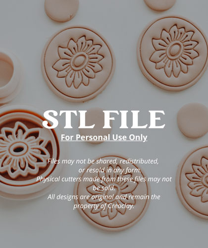 Digital product preview for a Creoclay STL file cutter, showing 3D renders of floral sunflower stamp cutters in a light peach-beige clay color on a light gray background, with white text overlay stating &