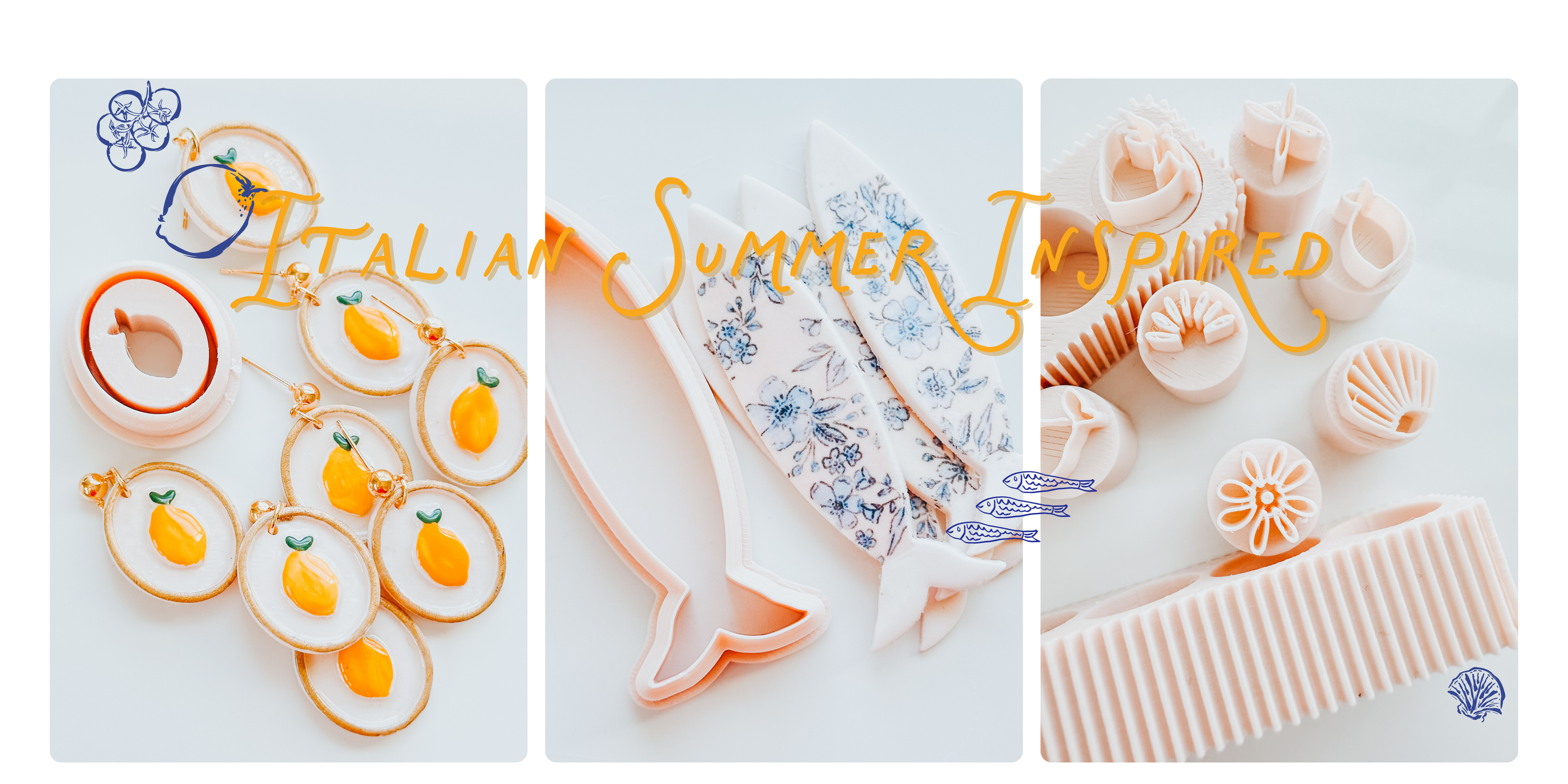 An arrangement of completed polymer clay earrings of varying Italian seaside-inspired designs, featuring rich colors and patterns,  as well as a collection of 3D printed clay cutters against a light background.