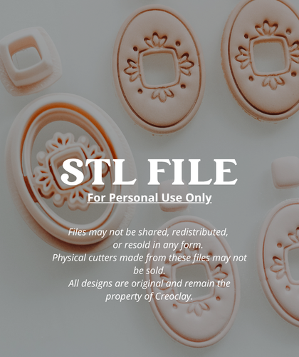 Digital preview of a 3D printing STL file showing a peach-colored clay cutter and stamp designs arranged on a light gray background, with large white text reading &