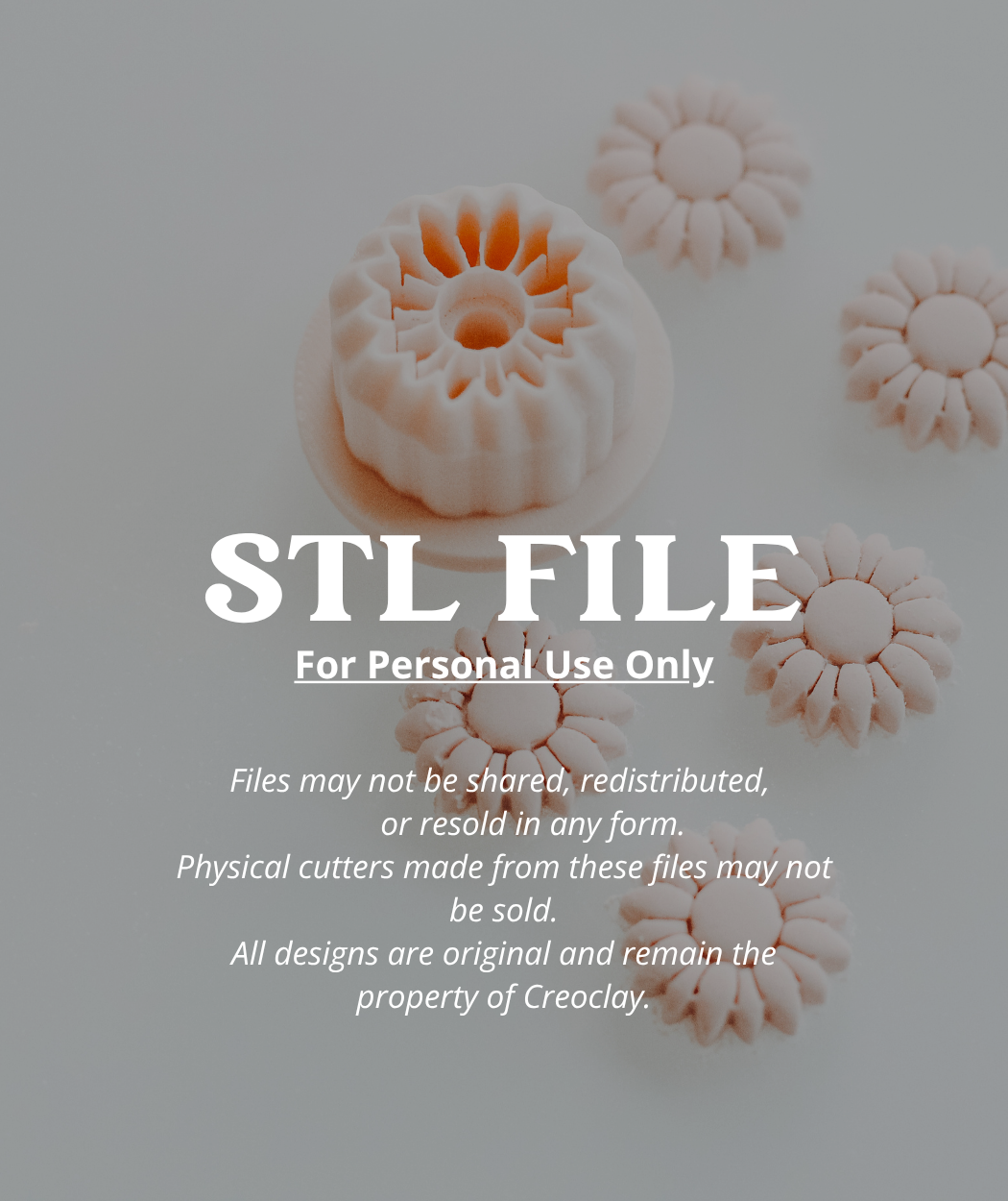 Digital preview of a 3D-printable flower-shaped clay cutter design, shown with several pale peach-pink flower cutters arranged on a light gray background. Large white text reads &