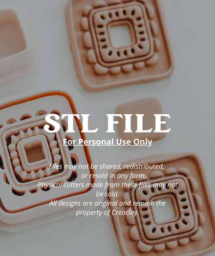 A promotional graphic for a digital STL file containing a close-up of a pale pink square mold with a raised geometric pattern, alongside several small rectangular clay pieces in matching warm beige and tan tones on a clean white background.